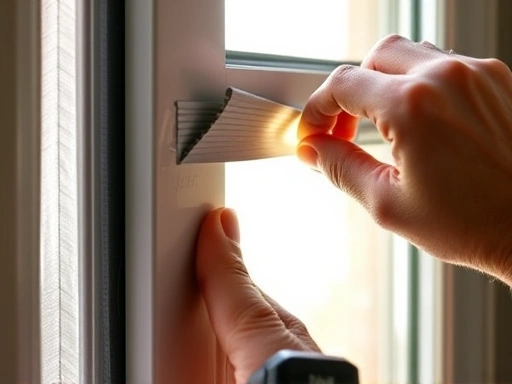 A close-up shot of a hand applying weatherstripping to a window frame, with visible detail of the insulating material and subtle light indicating effective sealing, highlighting DIY insulation.