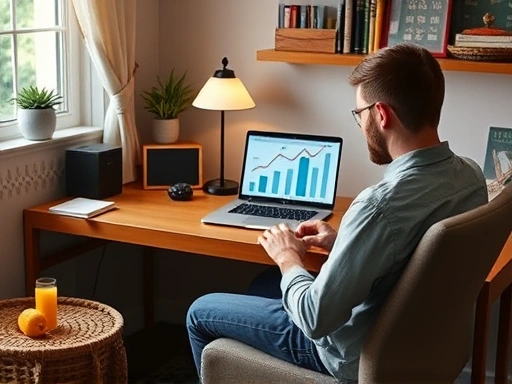 A person sitting comfortably at a home desk, looking at a laptop with charts showing increasing income, surrounded by cozy home office elements, representing successful home-based side jobs.
