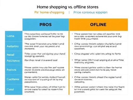 A detailed comparison chart showing pros and cons of home shopping versus offline stores for price-conscious consumers, with clear distinctions and a modern design. Focused on retail and buying decisions.