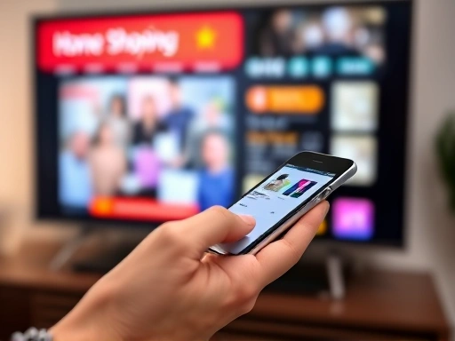 A close-up shot of a person's hand holding a smartphone, comparing prices on a shopping app, with blurred images of a television screen showing a home shopping channel and a retail store in the background, symbolizing choice and comparison.