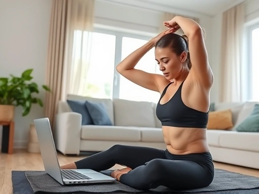 A person doing bodyweight exercises at home using a laptop for guidance, illustrating a cost-effective workout, with a modern, clean living room background, emphasizing free exercise methods.