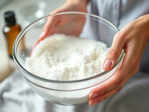 Close-up of hands mixing a natural laundry detergent mixture in a glass bowl, with a measuring cup and a small bottle of essential oil blurred in the background. Emphasize the DIY aspect.