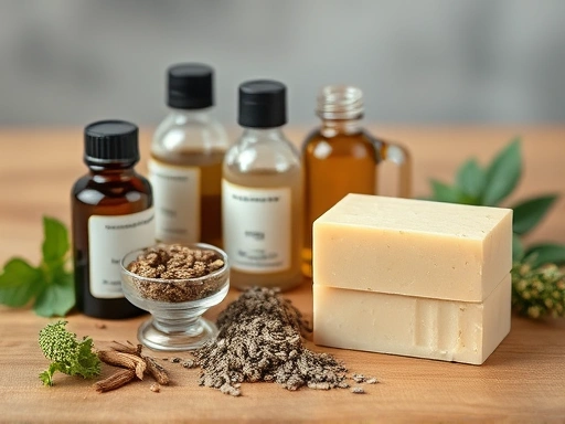A clean, well-lit scene of various natural ingredients for making homemade soap, including bottles of essential oils, dried herbs, and a block of soap base, arranged neatly on a wooden table. Focus on organic textures and soft lighting.