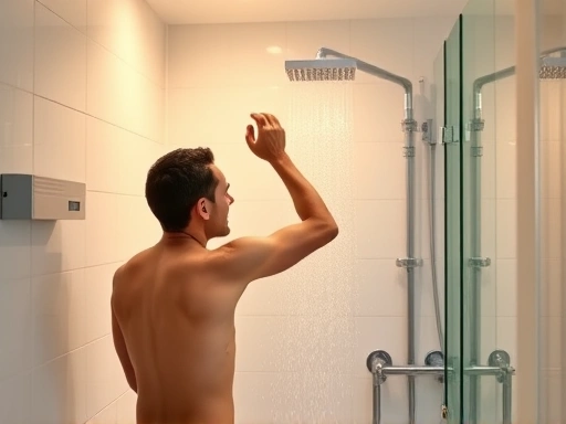 A modern, clean bathroom with a person taking a quick, efficient shower, water flow visibly reduced, symbolizing hot water saving and gas bill reduction. Focus on warm, inviting light with practical elements.