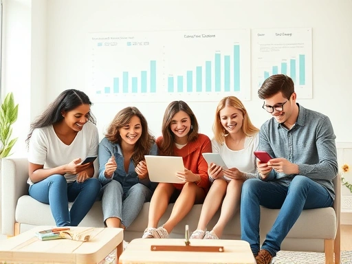 A diverse group of people, young adults and families, happily managing their finances on mobile phones and laptops, with simplified charts and graphs in the background, set in a modern, bright living space.