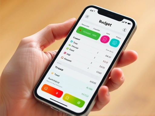A close-up shot of a hand holding a smartphone displaying a colorful, easy-to-read household budget app interface with various financial categories and a clear total, highlighting user-friendly design and financial clarity.