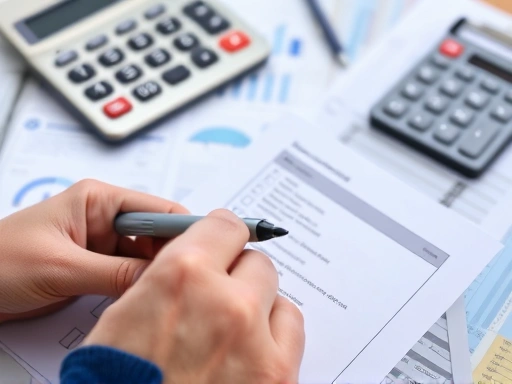 Close-up of hands holding a pen, marking items on a printed financial checklist, with a blurred background of a calculator and financial documents, emphasizing organized household financial management.