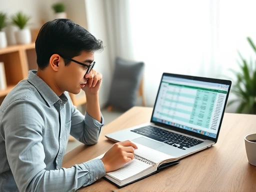 A person diligently tracking expenses in a modern, organized home office setting, with a laptop open to a spreadsheet and a physical notebook on the desk, illustrating effective personal finance management.