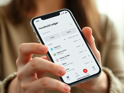 Close-up of hands holding a smartphone displaying a user-friendly household ledger app, with clear categories and real-time expense tracking, showing convenience and modern financial management.