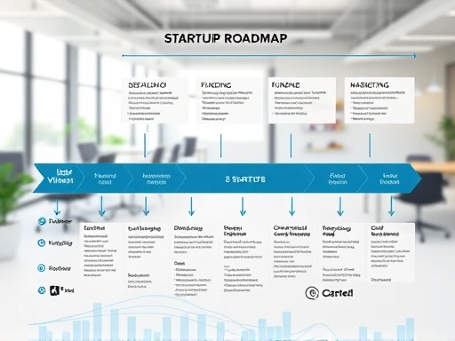 A detailed roadmap with various elements representing idea validation, product development, funding, and marketing for an innovative product startup, set against a modern office background.