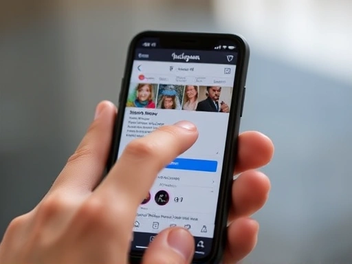A close-up shot of a hand tapping a smartphone screen, displaying an Instagram profile with a 