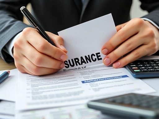 Close-up of hands holding an insurance policy document, with a pen and calculator nearby, emphasizing the detailed analysis and decision-making process for insurance premium reduction.
