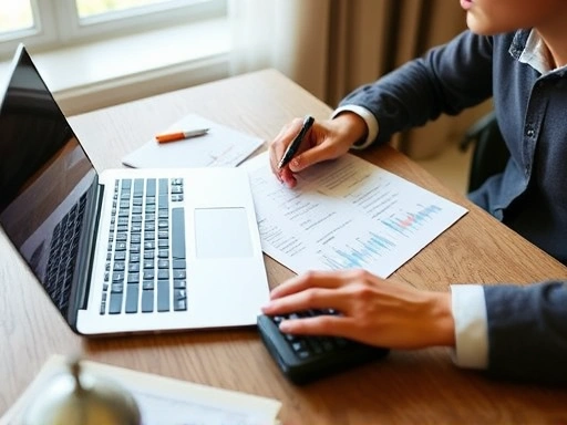 A person analyzing insurance policies on a desk with a laptop and calculator, representing insurance remodeling and financial planning, with a focus on smart choices for saving money.