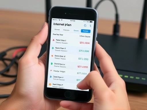 Close-up of hands holding a smartphone, comparing different internet plan options on the screen, with a blurred background of a router and network cables, emphasizing choice and control over internet expenses.