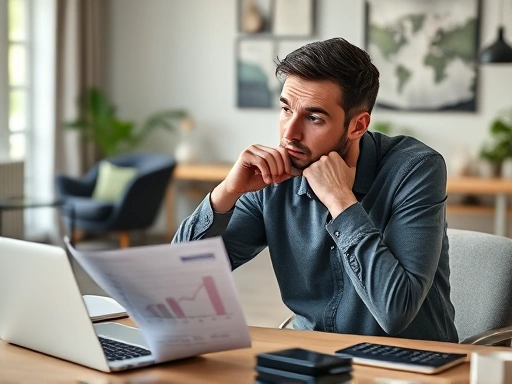 A person thoughtfully looking at a complex bill or a smartphone with a graph showing reduced costs, in a modern home office setting, focusing on financial savings and smart choices for internet bills, with a laptop and calculator nearby.