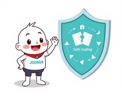 A friendly cartoon character, representing a happy Joonggonara user, stands confidently next to a secure online transaction shield, showing a safe trading process.