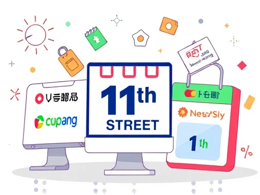 A vibrant illustration showing three distinct shopping platforms (Coupang, 11th Street, Naver Shopping) represented by their logos or distinct icons, with elements symbolizing speed, deals, and price comparison, highlighting efficient online shopping in South Korea.