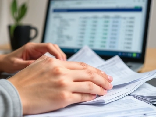 Close-up of hands meticulously organizing receipts and financial statements, with a blurred laptop screen showing a tax form in the background, representing the detailed process of year-end tax settlement. Focused on organization.