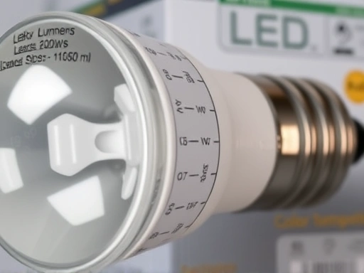 A close-up shot of an LED light bulb with clear specifications (lumens, watts, color temperature) on its packaging, emphasizing the technical details for optimal selection and energy efficiency.