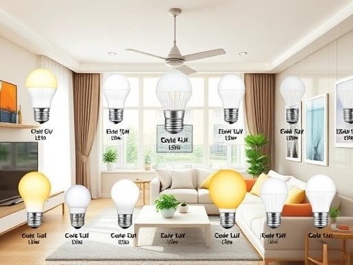 A bright, modern living room with various types of energy-efficient LED light bulbs installed, showcasing their warm and cool light, emphasizing smart home and electricity saving benefits.