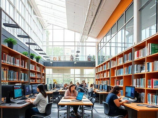 A vibrant, modern public library interior with people reading, using computers, and attending a small workshop, showcasing diverse activities. Emphasize light, community, and learning, using keywords like 'library utilization' and 'cultural hub'.