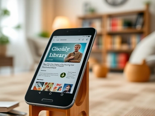 A close-up shot of a smartphone or tablet displaying an e-book and a library app, with a blurred background of a cozy home setting, symbolizing convenient access to digital resources. Include elements related to 'online library services' and 'digital cultural content'.