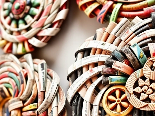 Close-up of intricate, colorful coasters and wall art created from recycled magazines, showcasing the detailed patterns and textures, highlighting creative upcycling.