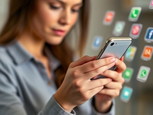 A person holding a smartphone, actively testing a mobile application with a focused expression, surrounded by a subtle blur of app icons, depicting a practical way to earn extra income.