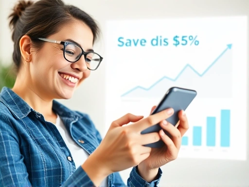 A person happily looking at their smartphone, showing a significant discount or saving on their mobile bill, with graphs illustrating cost reduction in the background, a light, optimistic atmosphere.