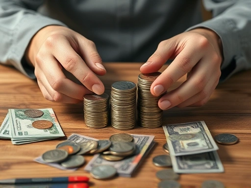 A close-up shot of hands meticulously organizing coins and banknotes into stacks on a wooden table, representing the concept of money growth and strategic financial building.