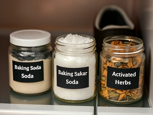 A detailed shot of small jars filled with baking soda, activated charcoal, and dried herbs, placed neatly in a shoe cabinet or refrigerator, highlighting their role as effective and sustainable deodorizers. Keywords: natural deodorizer, baking soda, activated charcoal, eco-friendly.