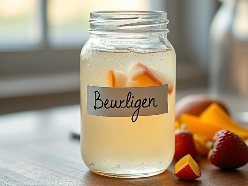 A close-up shot of a glass jar filled with bubbling natural fermentation detergent, with fresh fruit peels and a handwritten label, on a wooden table, soft natural light, eco-friendly. 