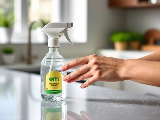 Hands using an EM spray bottle to clean a kitchen counter, with sparkling clean surfaces and a blurred background of a modern, green home interior, focus on gentle, effective cleaning.