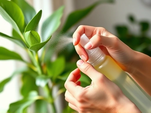 A close-up view of hands spraying a homemade natural insect repellent made with essential oils onto a green plant, with a focus on the spray mist and plant leaves, indoor setting, soft natural light, clean and organic feel, high detail. Keywords: natural insect repellent, homemade spray, essential oil, plant care.