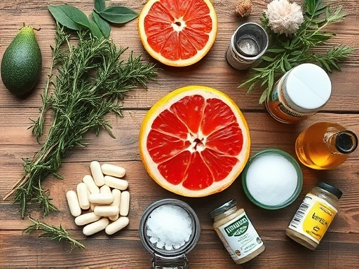 A detailed top-down view of various fresh natural ingredients like rosemary, vitamin E capsules, grapefruit, vinegar bottles, and salt, neatly arranged on a rustic wooden table, emphasizing organic and pure elements for natural preservation, with a soft, natural light.
