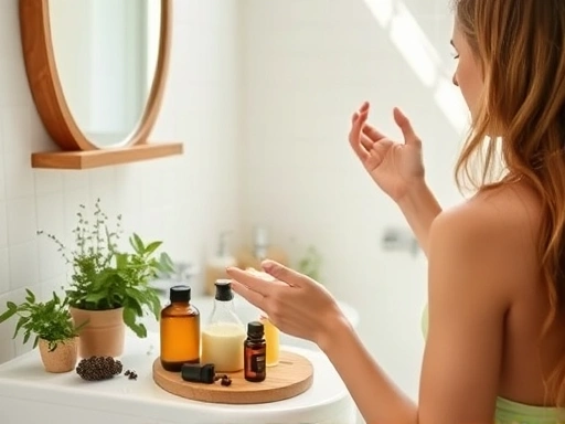 A serene bathroom scene with natural light, featuring a woman gently applying homemade natural shampoo to her hair, surrounded by natural ingredients like herbs and essential oils.