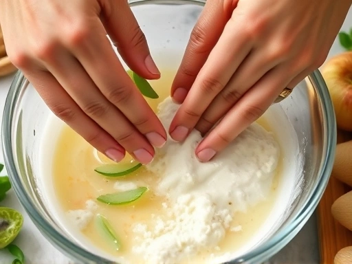 Close-up shot of hands mixing natural ingredients like aloe vera and apple cider vinegar in a bowl, preparing homemade natural conditioner, with fresh ingredients visible.