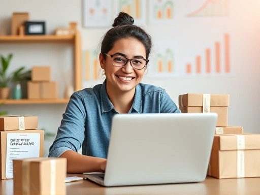A person successfully managing an online store on a laptop, with a confident smile, surrounded by various product boxes and digital marketing elements, reflecting growth and success.