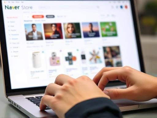 Close-up of hands typing on a laptop keyboard, focused on a Naver Smart Store seller center interface, with a clear view of product listing or sales dashboard.