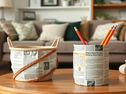 A cozy living room scene with various upcycled household items made from newspapers, such as a stylish storage basket and a unique pencil holder, emphasizing sustainable home decor.
