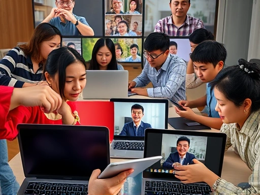 Close-up of a diverse group of people learning Chinese online on laptops and tablets, with a video call interface visible. Emphasize global connection, flexibility, and remote education.