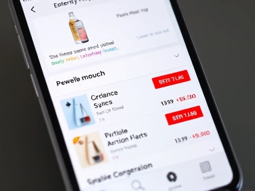 A close-up of a smartphone screen displaying a typical online shopping experience, with different product listings and price comparison results from major Korean e-commerce platforms, emphasizing the user interface and convenience.