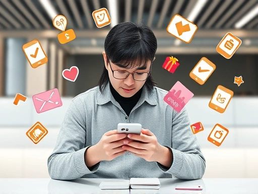 A person diligently using a smartphone, surrounded by floating icons representing surveys, gift cards, and various reward app activities, set against a modern, clean background. Focus on productivity and digital earning. Korean style.