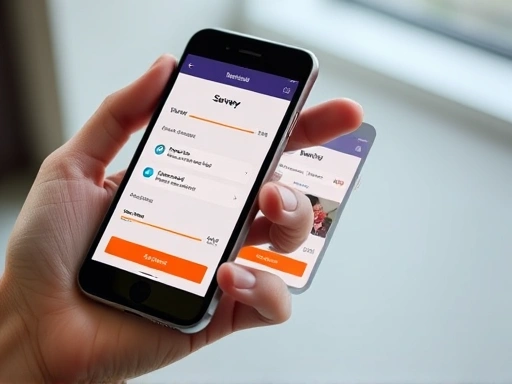 Close-up of a hand holding a smartphone screen displaying a mock-up of a survey interface on one side and a reward app with points accumulating on the other, symbolizing dual earning methods. Soft, bright lighting.