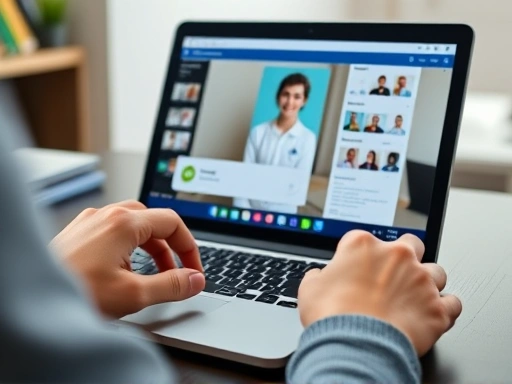 A close-up shot of hands interacting with a laptop during an online tutoring session, showing a virtual classroom interface with a student's profile, emphasizing connection and learning.