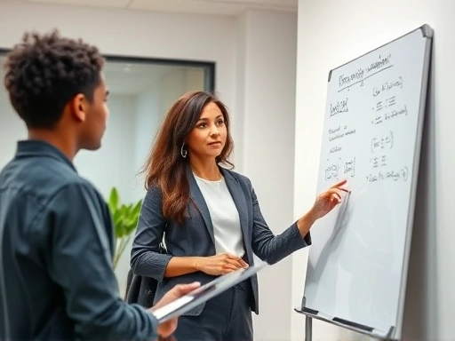 A focused, professional female tutor explaining a concept to a high school student using a whiteboard in a bright, modern study room, emphasizing expertise and experience.
