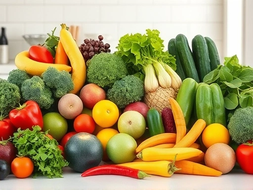 A diverse collection of fresh, vibrant organic fruits and vegetables, neatly arranged next to their conventional counterparts on a clean kitchen counter, emphasizing the comparison in a bright, natural light setting.