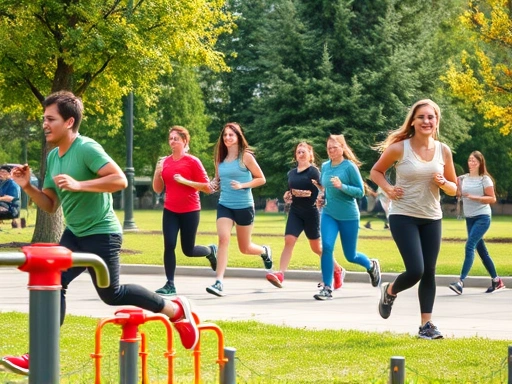 Diverse people enjoying outdoor exercises in a vibrant park, with some using public equipment and others jogging, showing community and nature, close-up on active motion for free workouts.