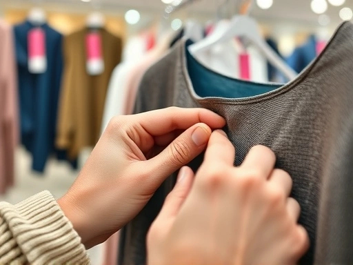 A close-up shot of a person's hands carefully inspecting the stitching and fabric quality of a discounted garment in an outlet store, with price tags blurred in the background, highlighting the importance of quality check during shopping. Keywords: outlet quality check, fabric inspection, discount clothing.