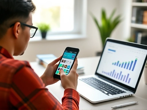 A person diligently managing point rewards on their smartphone and laptop, with charts showing financial growth in a modern, organized home office setting.